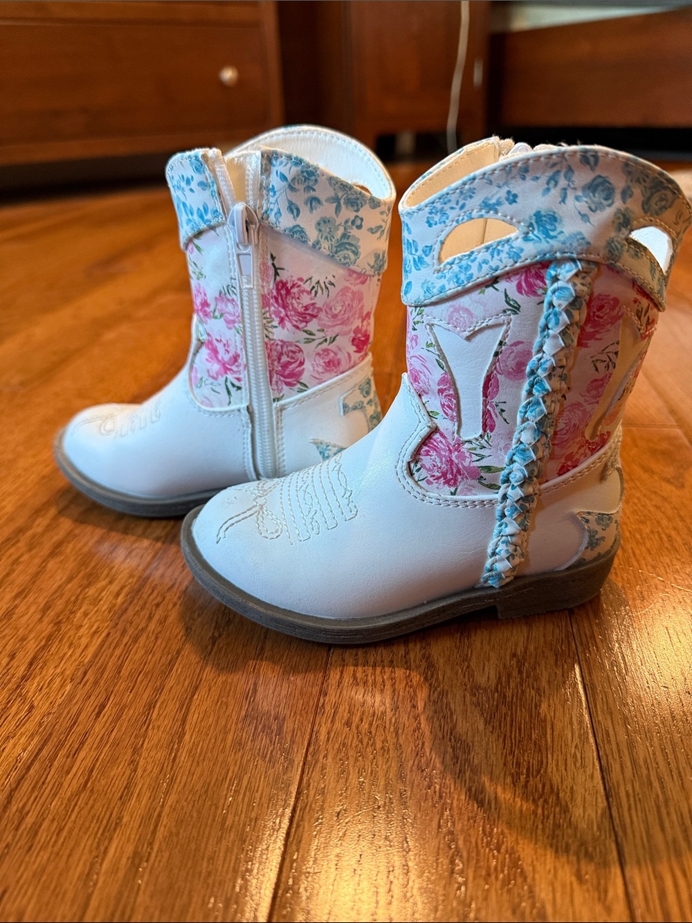 SweetHoney White Kids Floral Cowboy Boots with Pink and Blue Accents - Picture 2 of 4